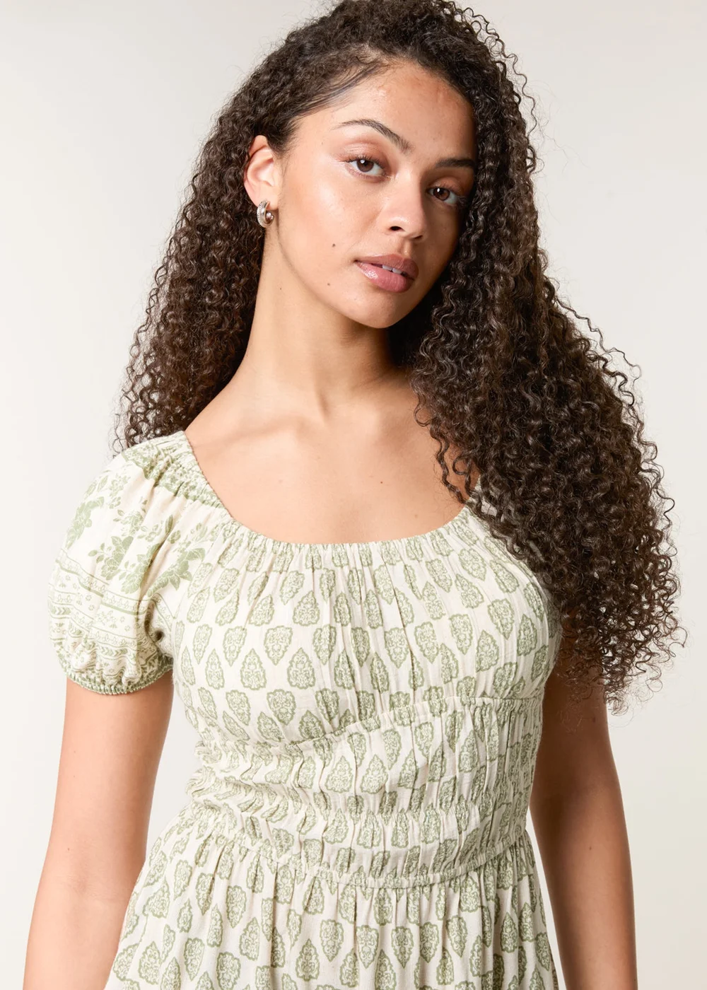 Blue Vanilla Green Border Print Puff Sleeve Midi Dress - L Image 2