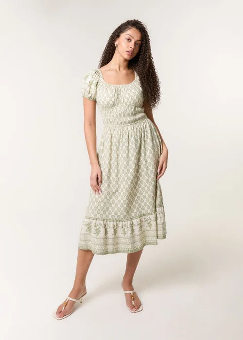 Blue Vanilla Green Border Print Puff Sleeve Midi Dress - L Image 3