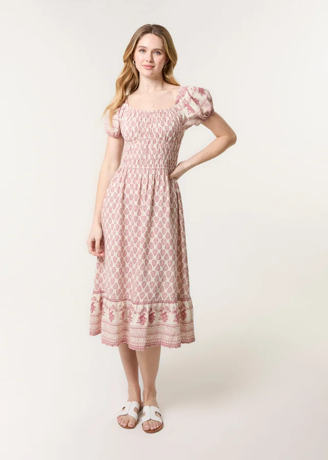 Blue Vanilla Pink Border Print Puff Sleeve Midi Dress