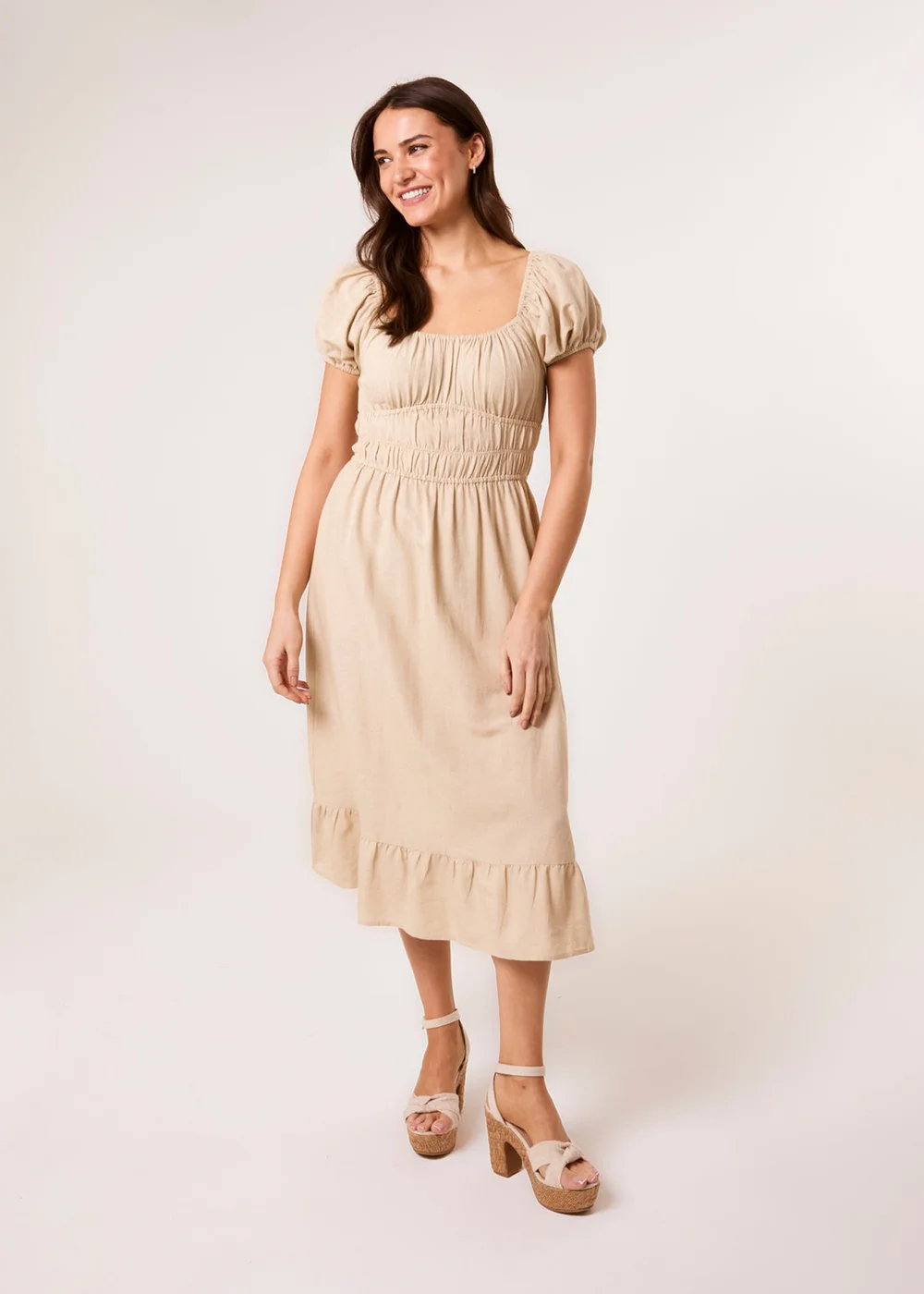 Blue Vanilla Stone Puff Sleeve Shirred Panel Dress - L Image 1