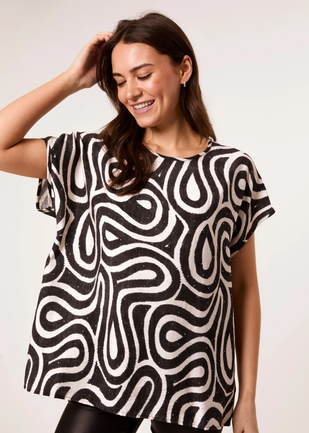 Blue Vanilla Black Round Neck Top With Abstract Print - Small/Medium Image 1