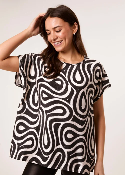 Blue Vanilla Black Round Neck Top With Abstract Print - Small/Medium Image 1