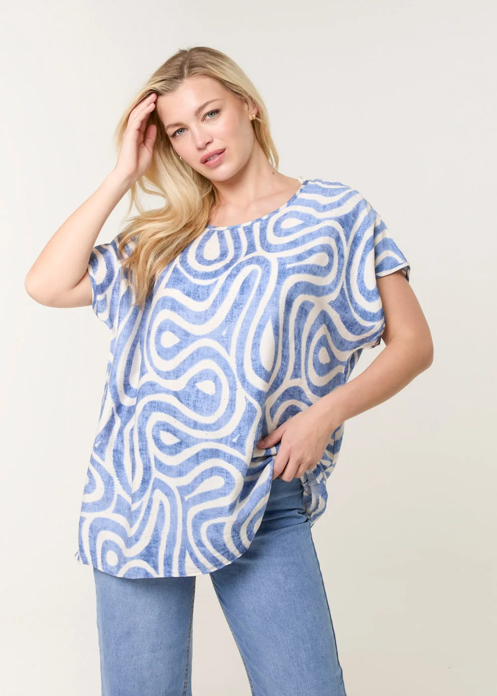 Blue Vanilla Blue Round Neck Top With Abstract Print - Small/Medium Image 1