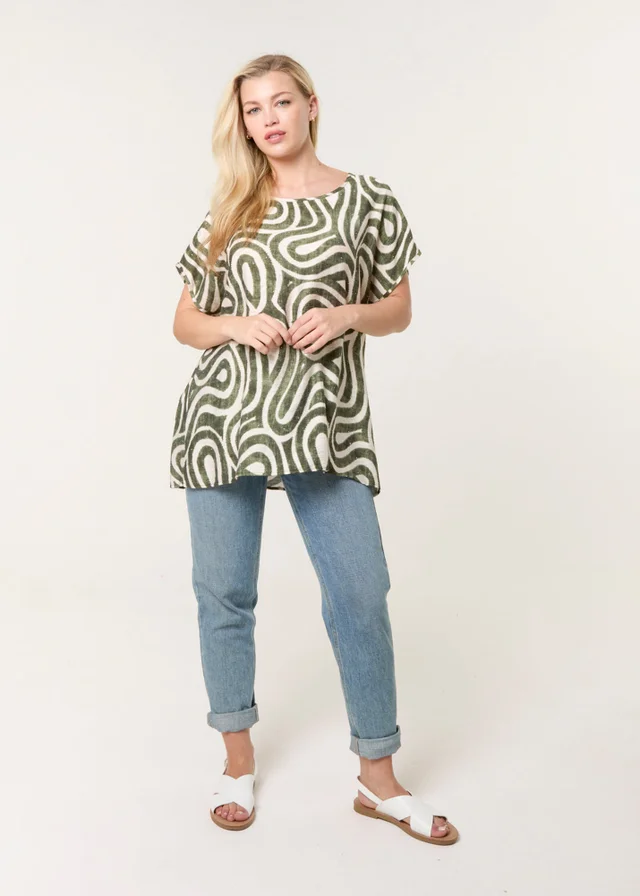 Blue Vanilla Khaki Round Neck Top With Abstract Print