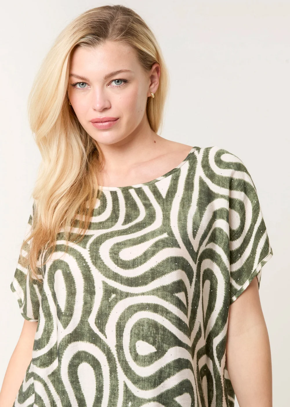 Blue Vanilla Khaki Round Neck Top With Abstract Print - S/M Image 3