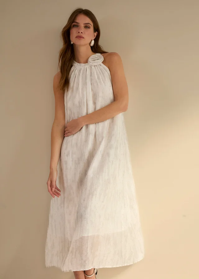 Blue Vanilla Ivory Luxe Rose Detail Halter Neck Dress