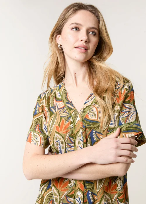 Blue Vanilla Green Border Print Button Front Top - Small/Medium Image 3