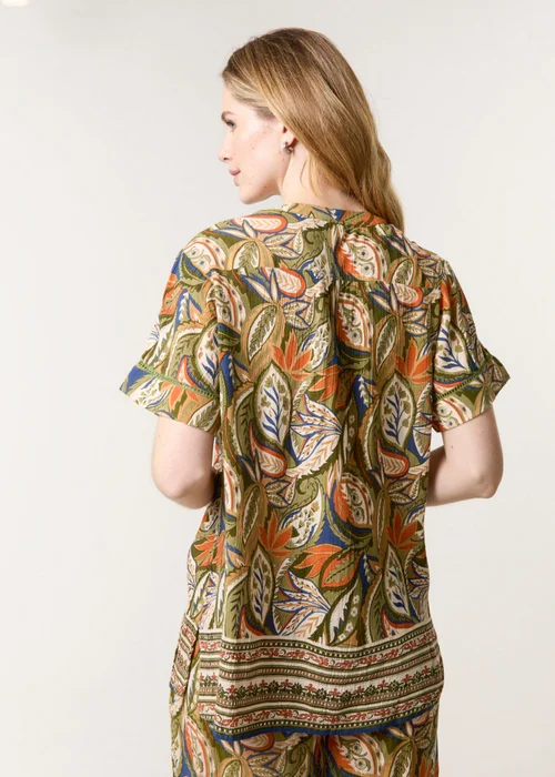 Blue Vanilla Green Border Print Button Front Top - Small/Medium Image 4