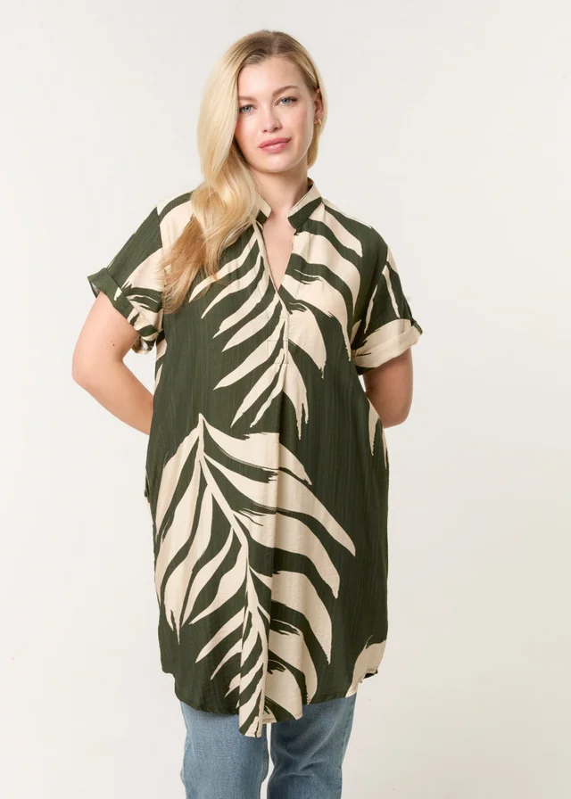 Blue Vanilla Khaki Palm Print Tunic Top