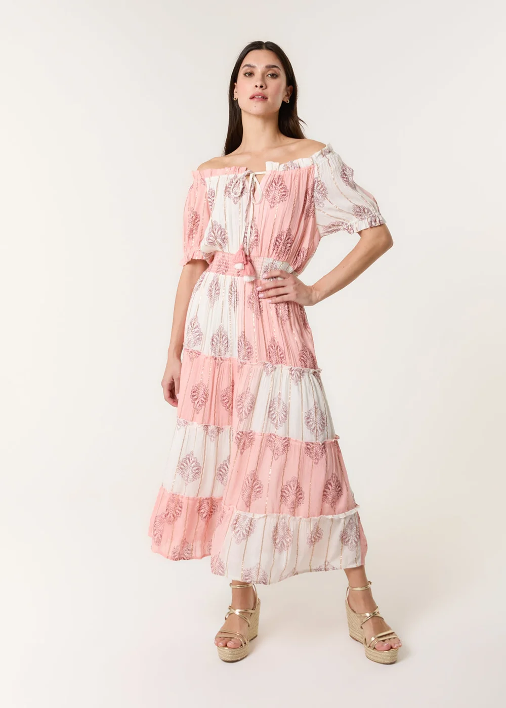 Blue Vanilla Pink Foil Print Amber Tiered Midi Dress - L Image 2