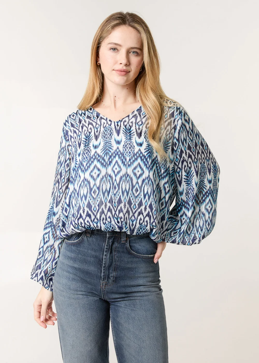 Blue Vanilla Navy Abstract Printed V Neck Puffball Top - Medium Image 1
