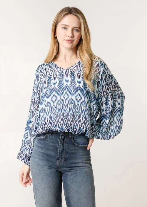 Blue Vanilla Navy Abstract Printed V Neck Puffball Top - Medium Image 1