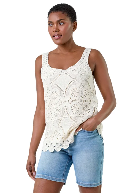 Roman Natural Cotton Crochet Knit Vest Top - Size 10 Image 1