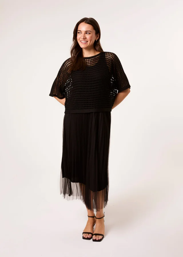 Blue Vanilla Black Crochet Top Pleat Dress