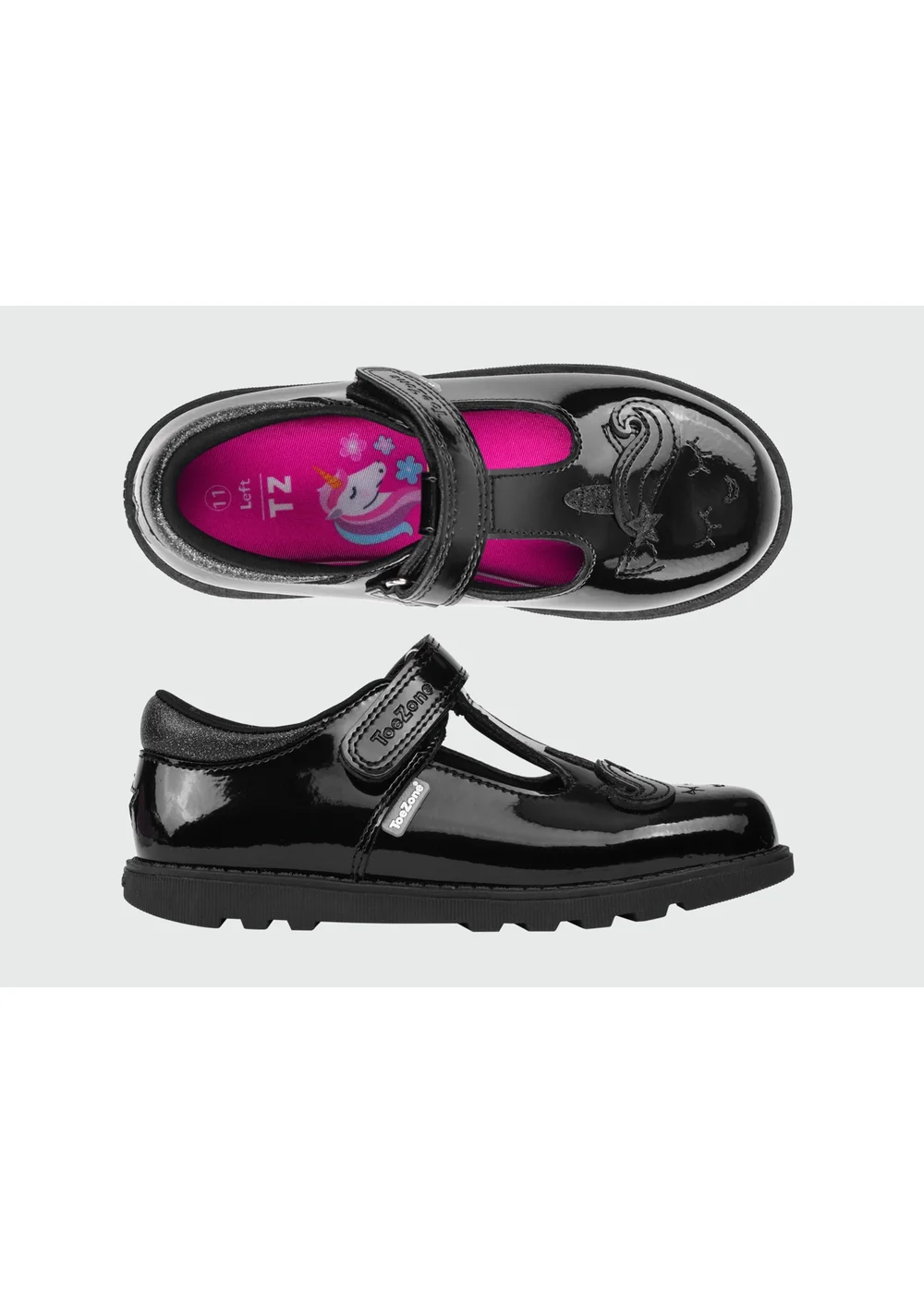 ToeZone Girls Black Lilo Patent Unicorn Rip Tape School Shoes - Size 9 Infants Image 2