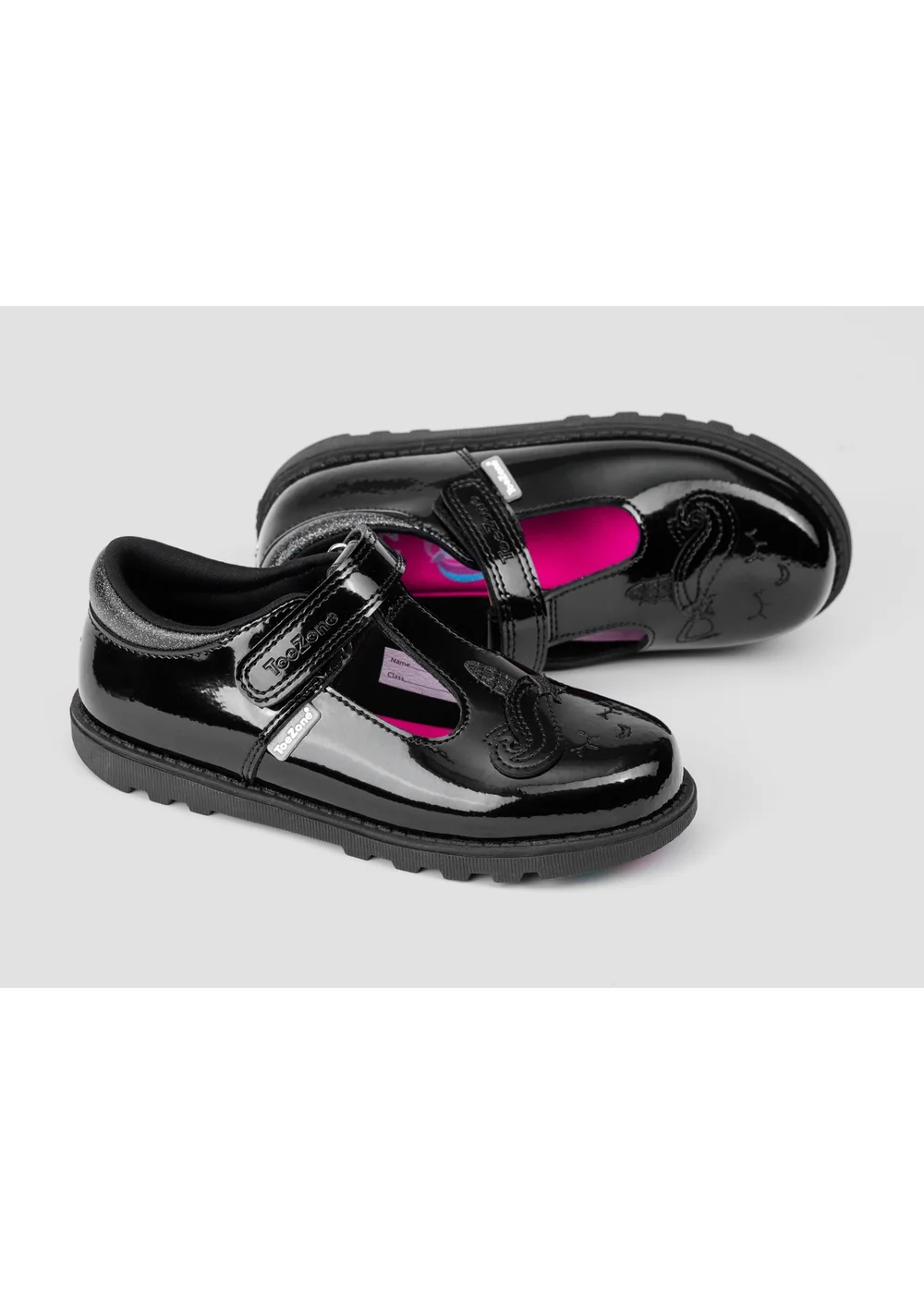 ToeZone Girls Black Lilo Patent Unicorn Rip Tape School Shoes (Younger 6 – Older 1) - 10 Infants Image 4