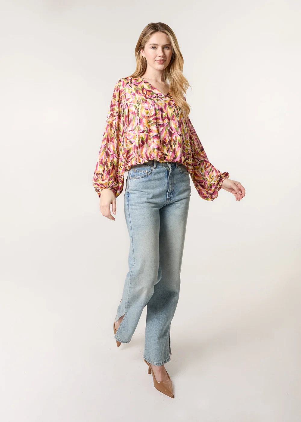 Blue Vanilla Multi Printed V Neck Puffball Top - Small Image 2