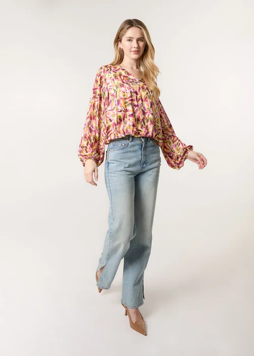 Blue Vanilla Multi Printed V Neck Puffball Top - Small Image 2