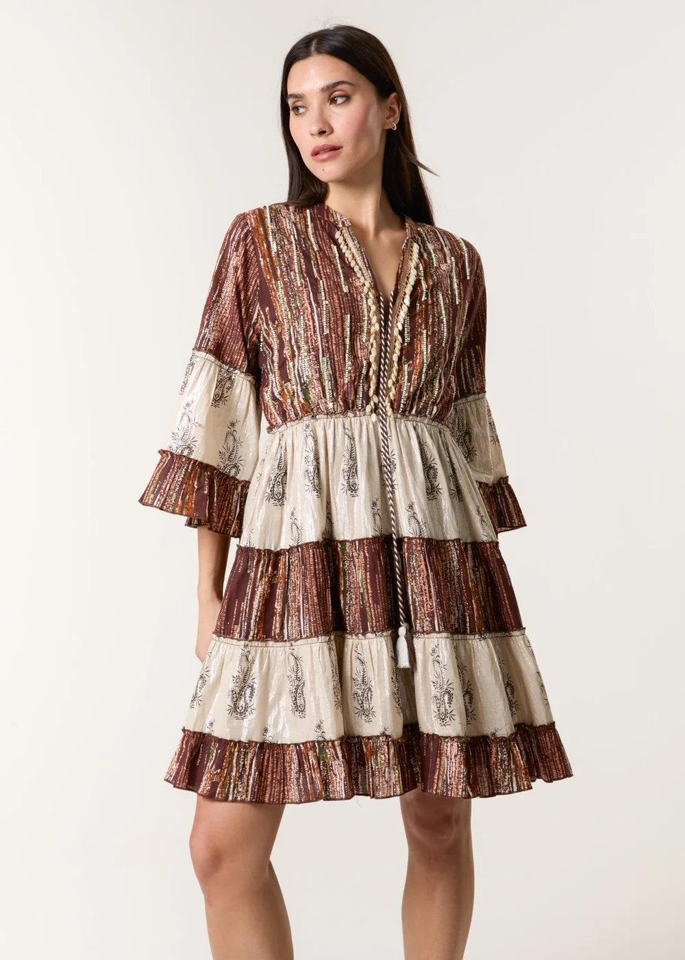 Blue Vanilla Brown Beaded Smock Mini Dress - M/L Image 1