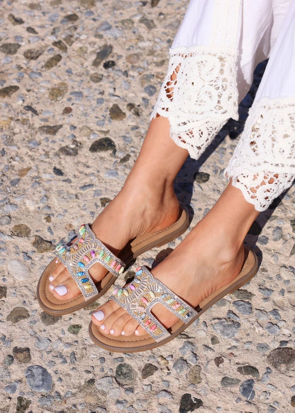 Linzi Nerissa Multi Beaded Diamante Flat Slider Sandal - Size 3 Image 1