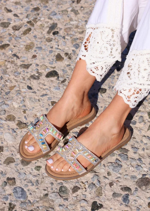 Linzi Nerissa Multi Beaded Diamante Flat Slider Sandal - Size 3 Image 1