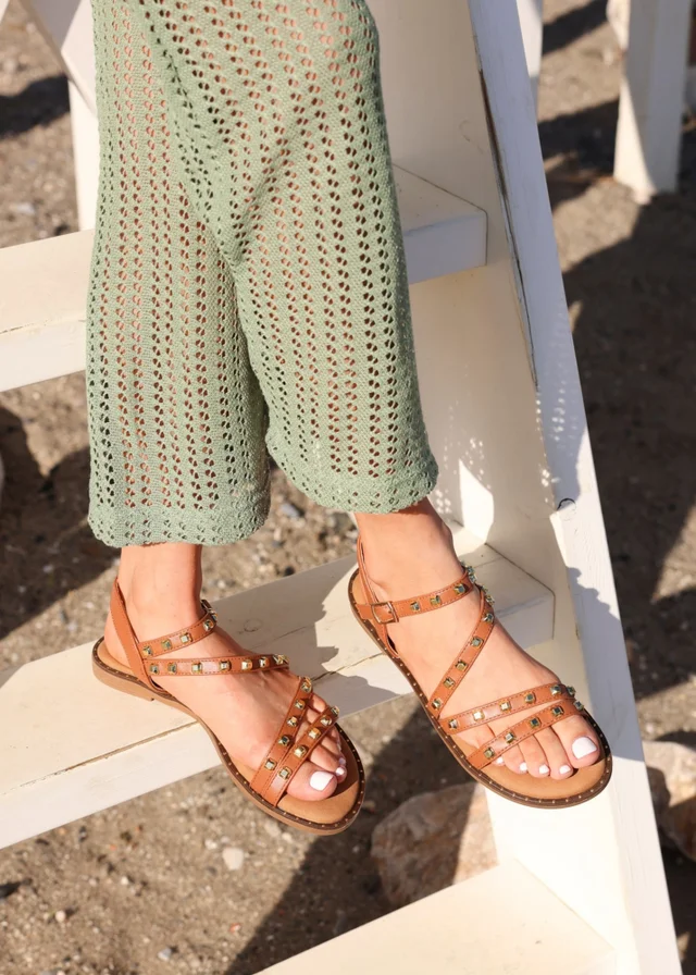 Linzi Destino Tan Faux Leather Studded Gladiator Style Flat Sandal