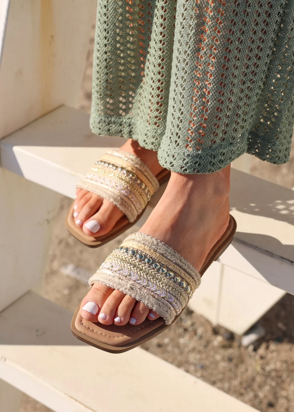 Linzi Mariel Natural Woven Embellished Flat Sandals - Size 5 Image 1