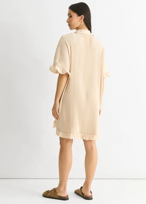 Gini London Beige Plisse Frill Detail Oversized Shirt Dress - M/L Image 2