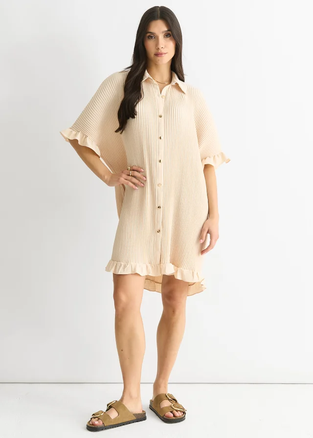 Gini London Beige Plisse Frill Detail Oversized Shirt Dress