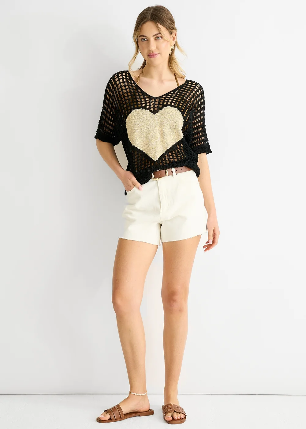 Gini London Black Fish Net Heart Pattern Crochet Top - M/L Image 1