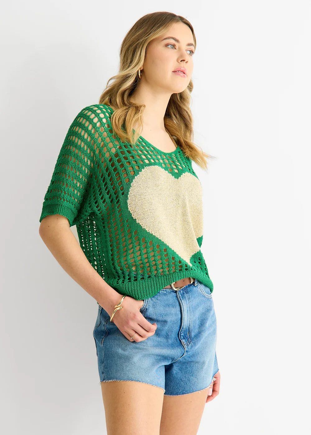 Gini London Green Fish Net Heart Pattern Crochet Top - S/M Image 4