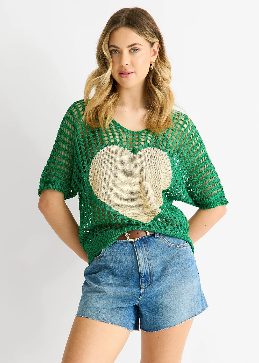 Gini London Green Fish Net Heart Pattern Crochet Top - S/M Image 3