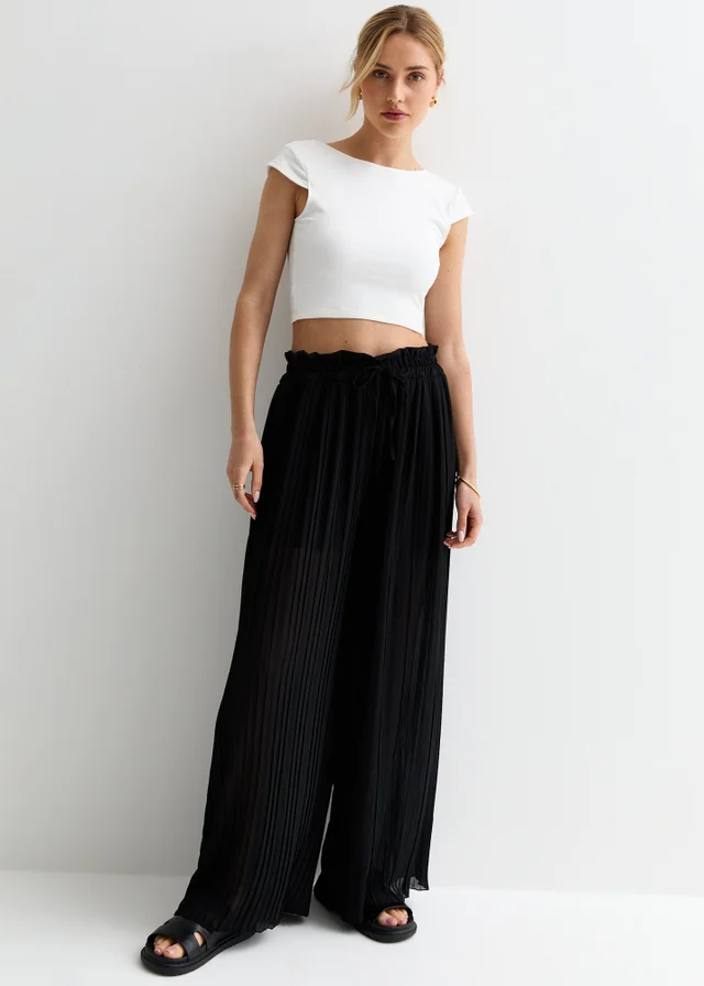 Gini London Black Elasticated Waist Plisse Wide Led Trouser