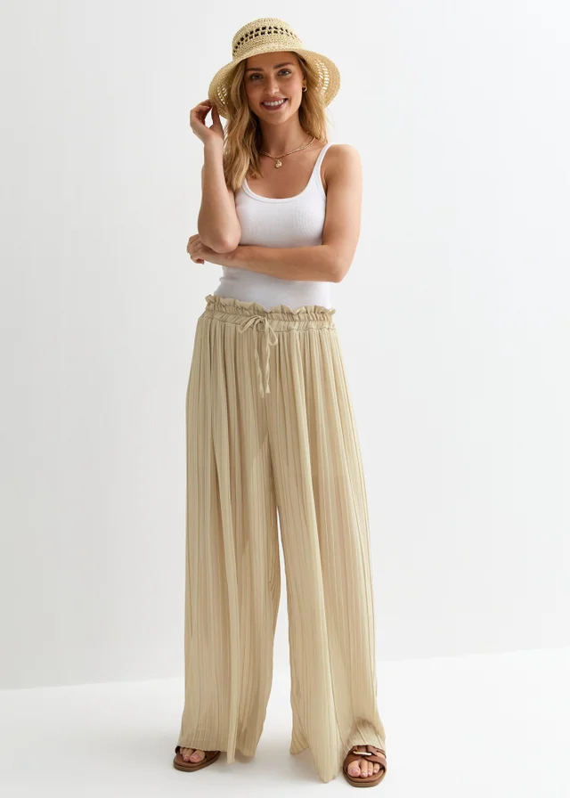 Gini London Beige Elasticated Waist Plisse Wide Led Trouser