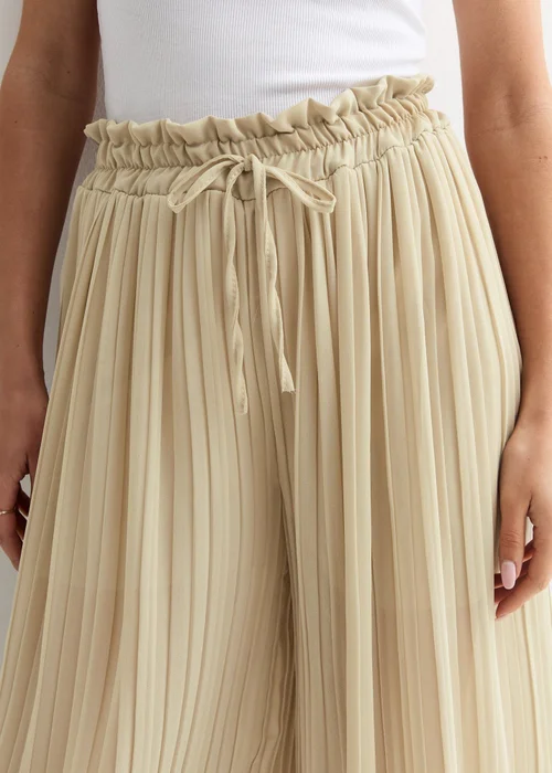 Gini London Beige Elasticated Waist Plisse Wide Led Trouser - S/M Image 3