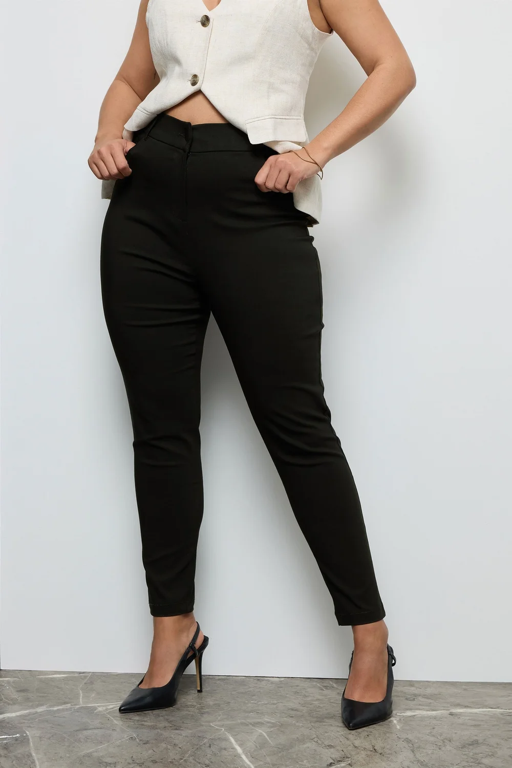 Yours Curve Black Bengaline Slim Leg Stretch Trousers - 34-36/L28 Image 1
