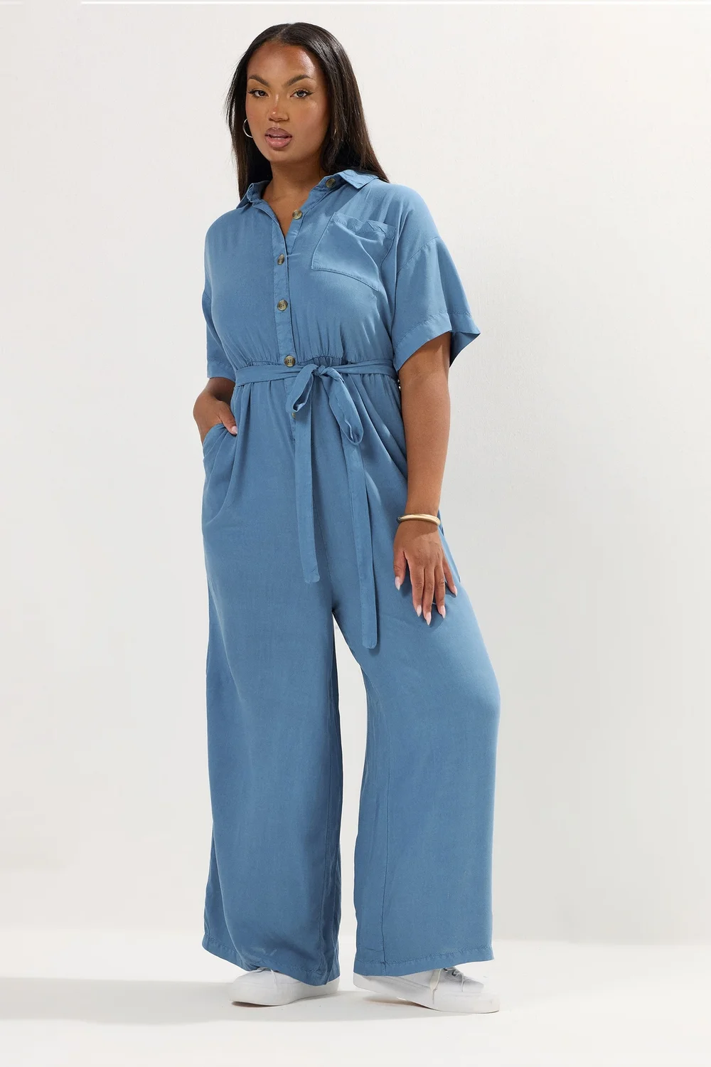 YOURS Curve Blue Wide Leg Chambray Jumpsuit - 20 Image 1