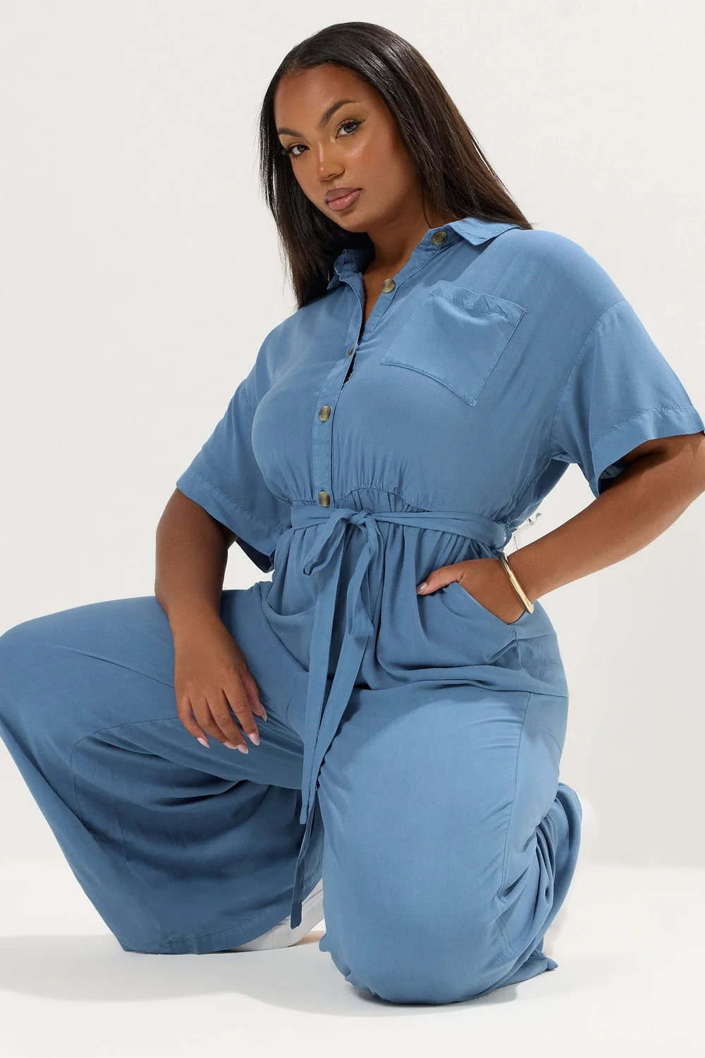 YOURS Curve Blue Wide Leg Chambray Jumpsuit - 20 Image 2