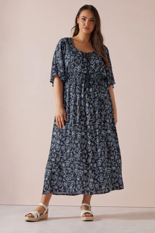 Yours Curve Blue Paisley Print Tie Front Maxi Dress - 18 Image 1