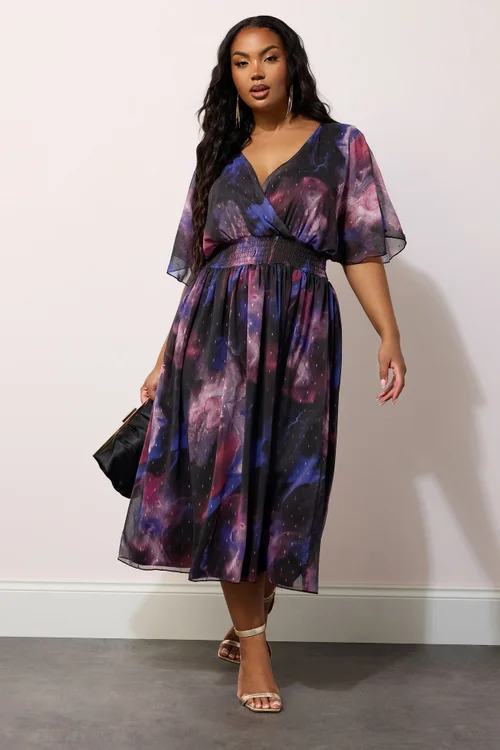 Yours London Curve Purple Abstract Metallic Print Midi Dress - 14 Image 2