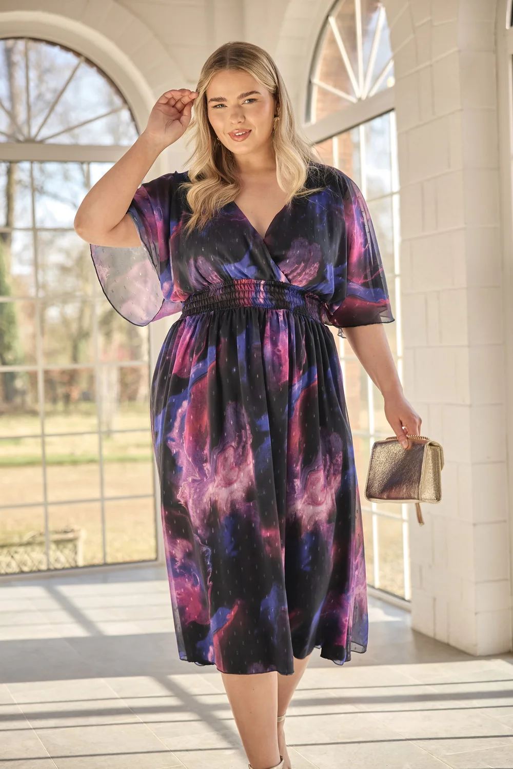 Yours London Curve Purple Abstract Metallic Print Midi Dress - 14 Image 1