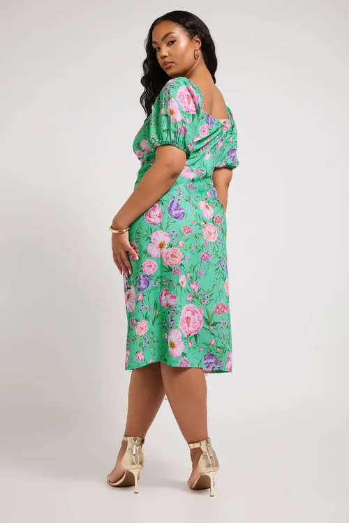 Yours London Curve Teal Green Floral Midi Dress - 22 Image 4