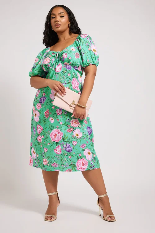 Yours London Curve Teal Green Floral Midi Dress - 22 Image 3