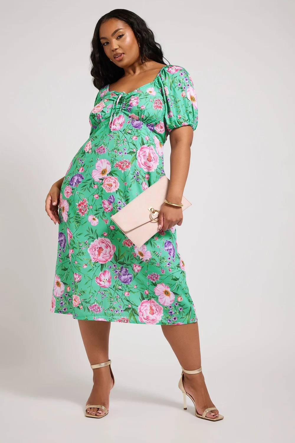 Yours London Curve Teal Green Floral Midi Dress - 22 Image 2