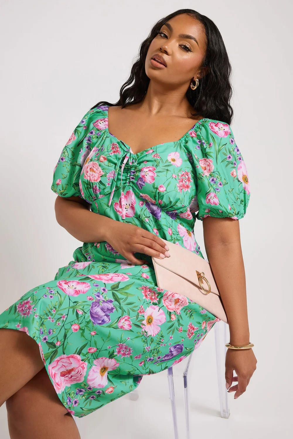 Yours London Curve Teal Green Floral Midi Dress - 22 Image 1