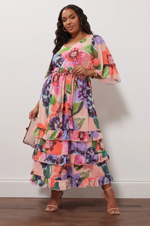 Yours London Curve Pink Floral Print Tiered Maxi Dress - 22 Image 3