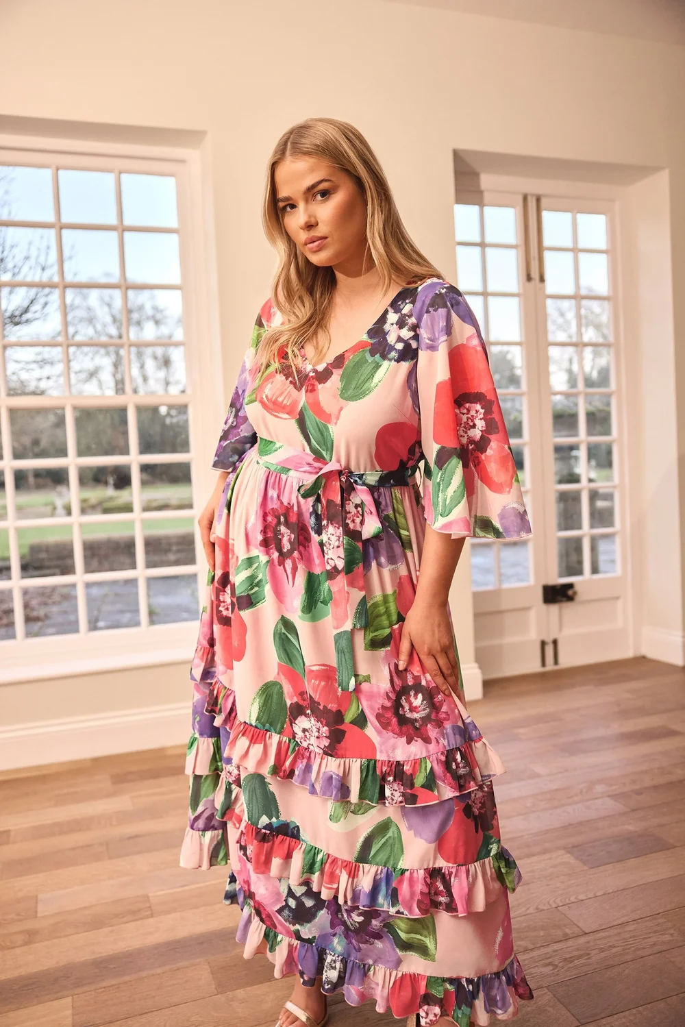 Yours London Curve Pink Floral Print Tiered Maxi Dress - 22 Image 1