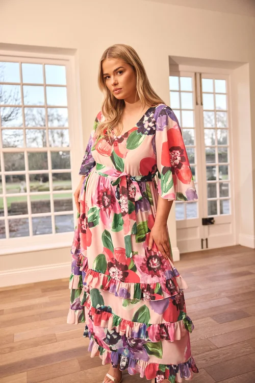 Yours London Curve Pink Floral Print Tiered Maxi Dress - 22 Image 1