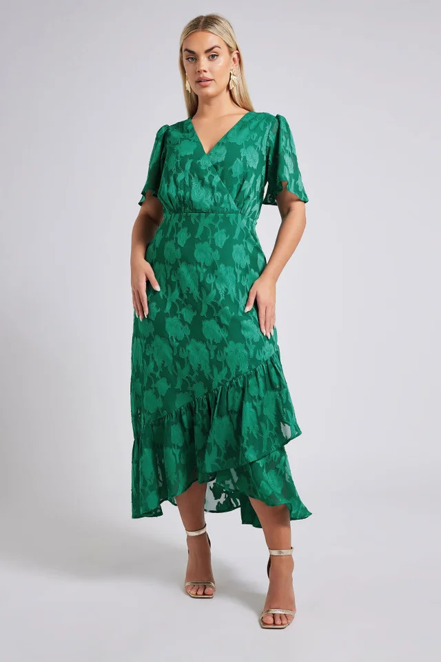 Yours London Curve Green Jacquard Floral Wrap Ruffle Hem Dress