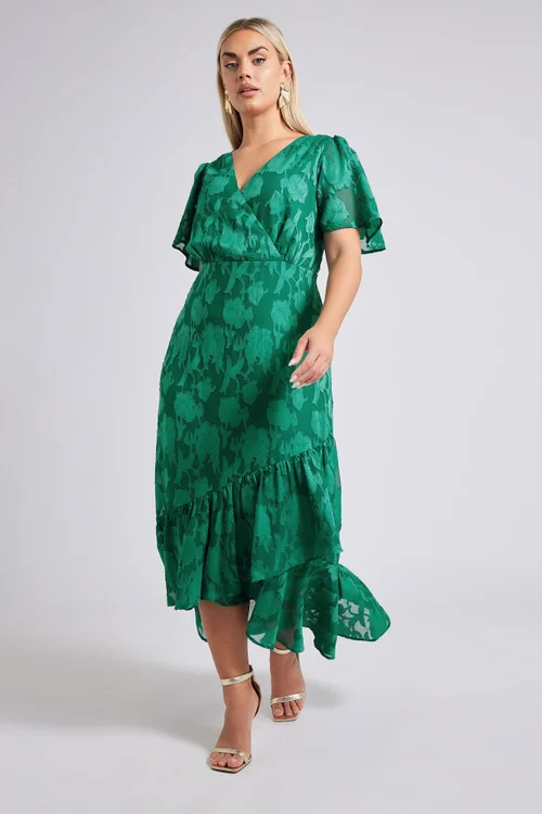 Yours London Curve Green Jacquard Floral Wrap Ruffle Hem Dress - 24 Image 2